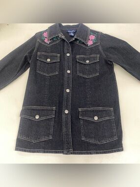 Denim&Co Black Denim Jacket with Pink Floral Embroidery